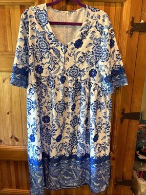 Blue Floral Midi Dress with V-Neck